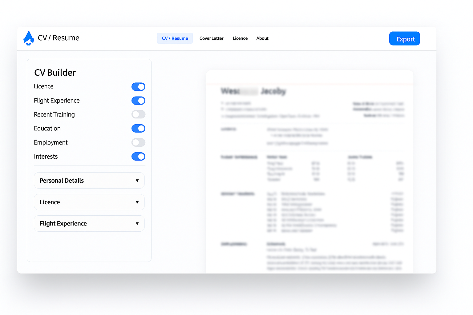 Screenshot of the PilotCV app